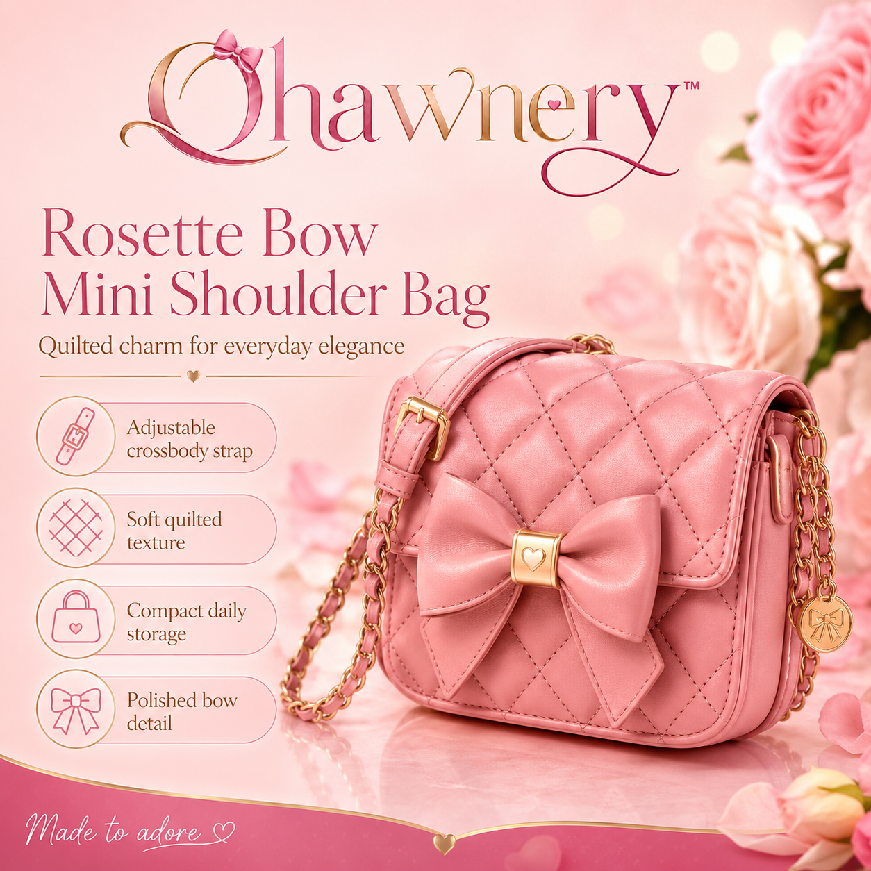 Ohawnery™ Rosette Bow Mini Shoulder Bag – Quilted Crossbody Purse, Cute Evening Handbag & Adjustable Everyday Bag