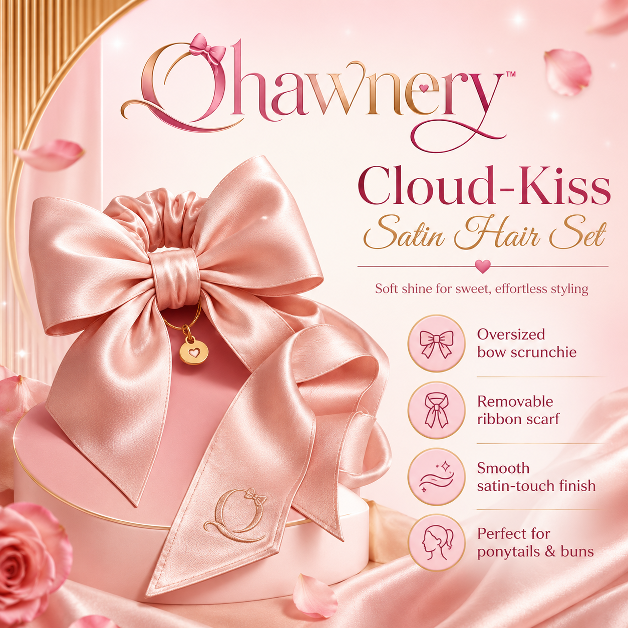 Ohawnery™ Cloud-Kiss Satin Hair Set – Oversized Bow Scrunchie, Hair Scarf & Ponytail Ribbon Accessories
