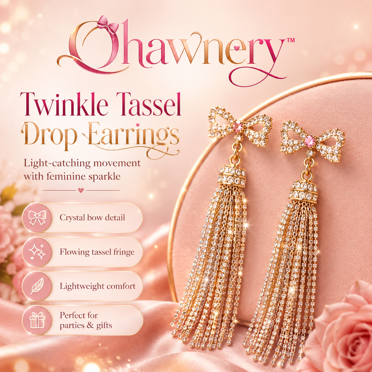 Ohawnery™ Twinkle Tassel Drop Earrings – Crystal Bow Earrings, Lightweight Fringe Jewelry & Statement Dangle Earrings