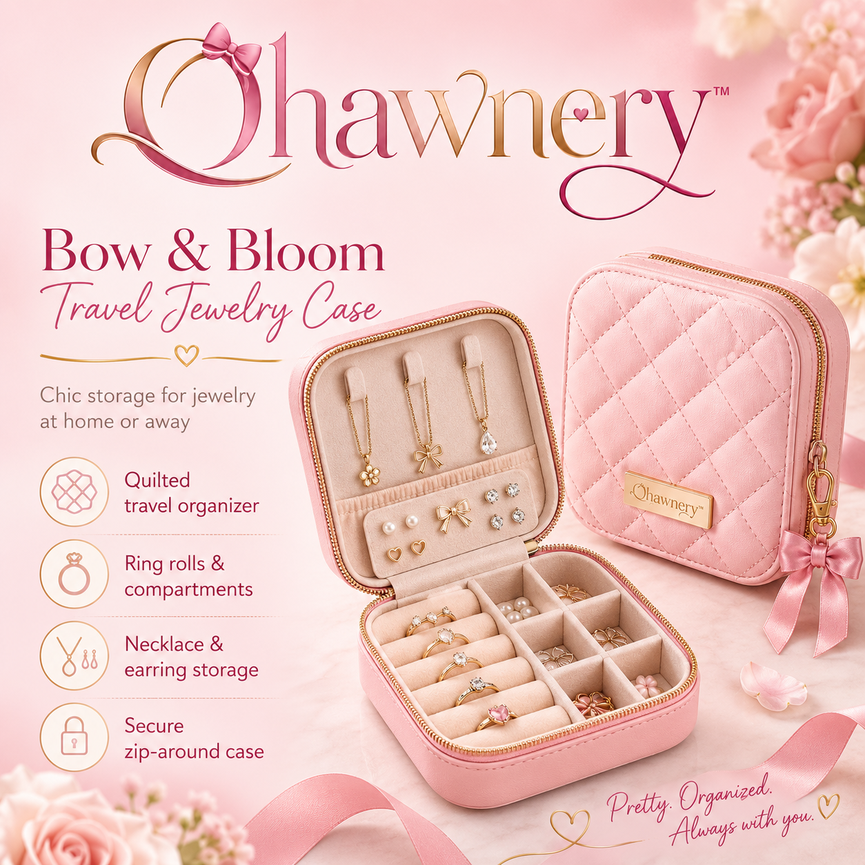 Ohawnery™ Bow & Bloom Travel Jewelry Case – Quilted Jewelry Organizer, Portable Ring Box & Zippered Accessories Storage