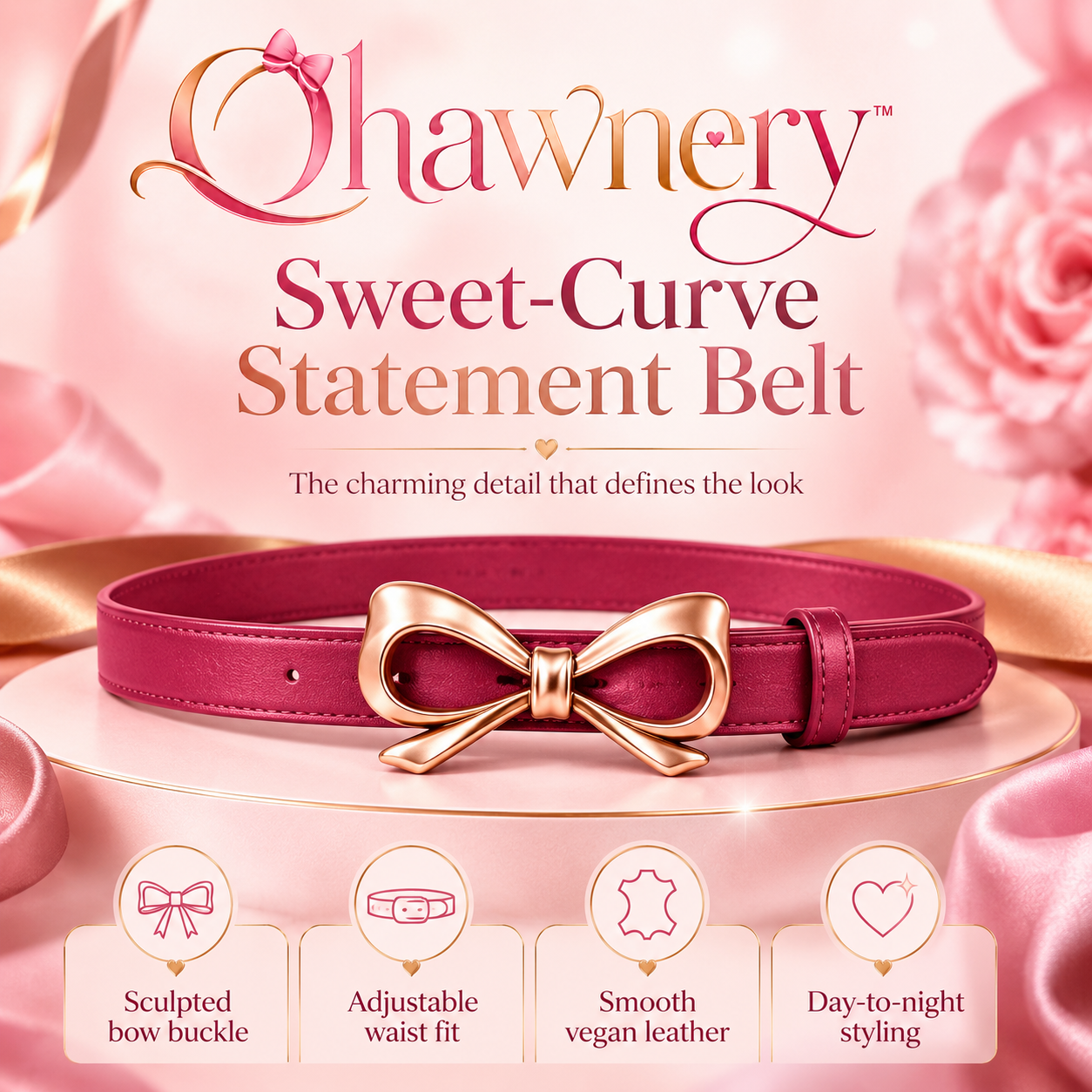 Ohawnery™ Sweet-Curve Statement Belt – Sculpted Bow Buckle Waist Belt, Dress Belt & Adjustable Fashion Accessory