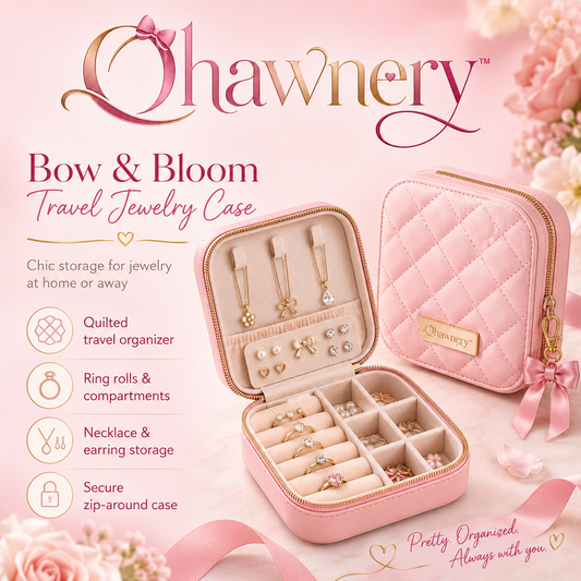 Ohawnery™ Bow & Bloom Travel Jewelry Case – Quilted Jewelry Organizer, Portable Ring Box & Zippered Accessories Storage