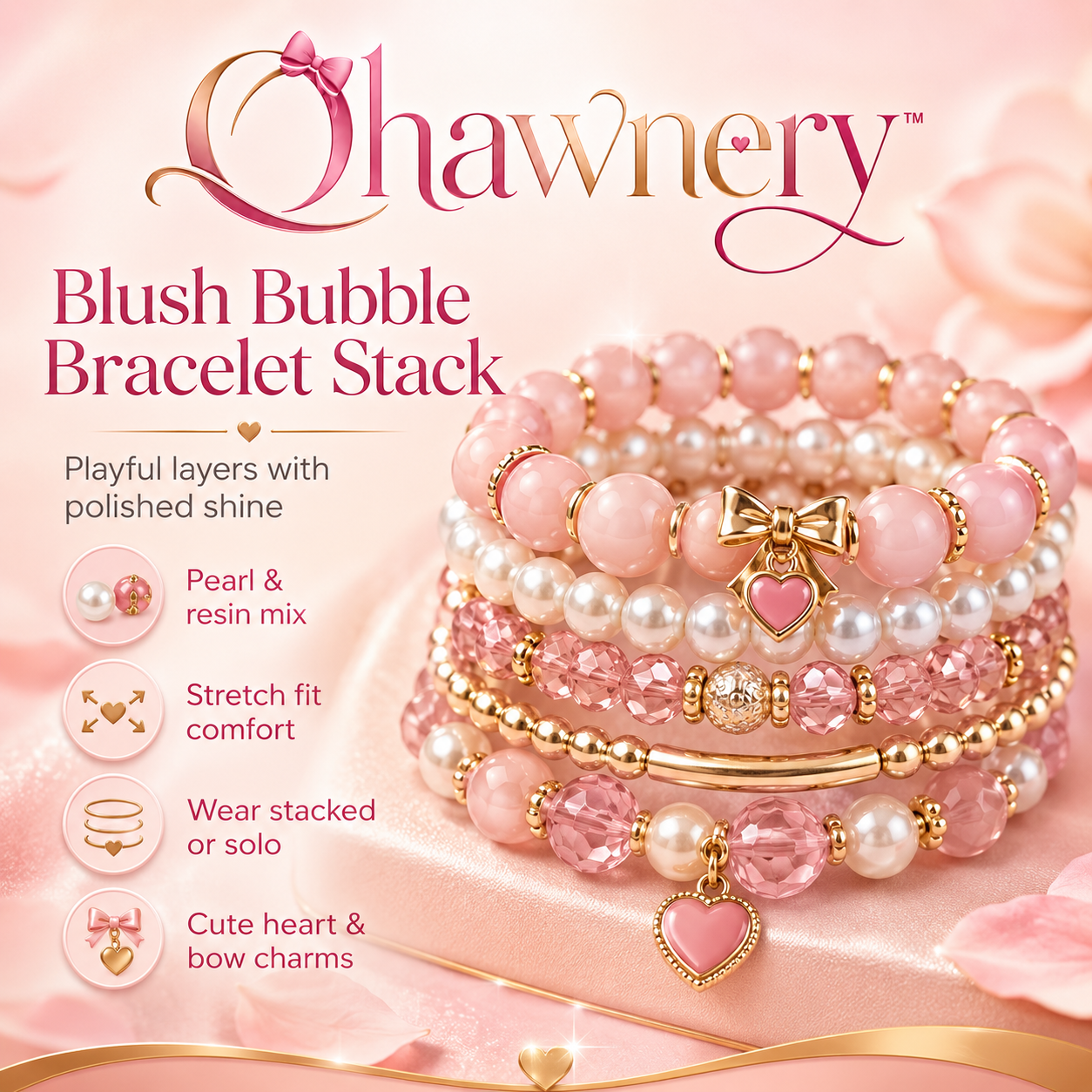 Ohawnery™ Blush Bubble Bracelet Stack – Pearl, Resin Bead & Gold-Tone Stretch Bracelet Set for Women