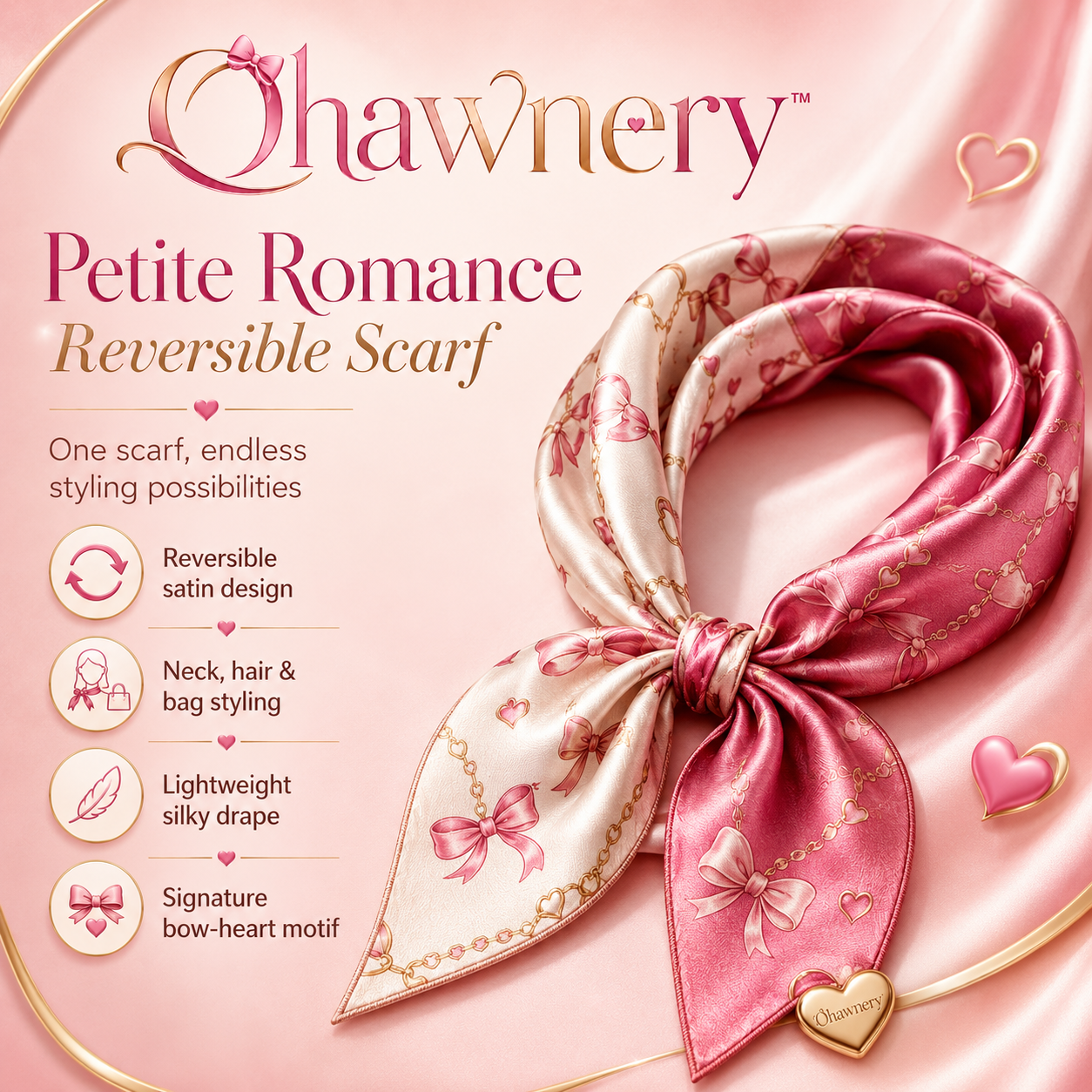 Ohawnery™ Petite Romance Reversible Scarf – Satin Neck Scarf, Hair Ribbon, Headband & Purse Handle Wrap