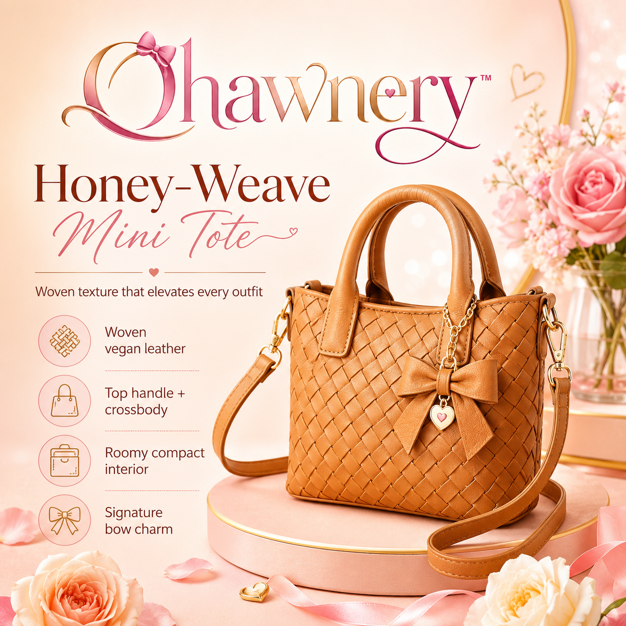 Ohawnery™ Honey-Weave Mini Tote – Woven Vegan Leather Handbag, Top-Handle Purse & Detachable Crossbody Bag